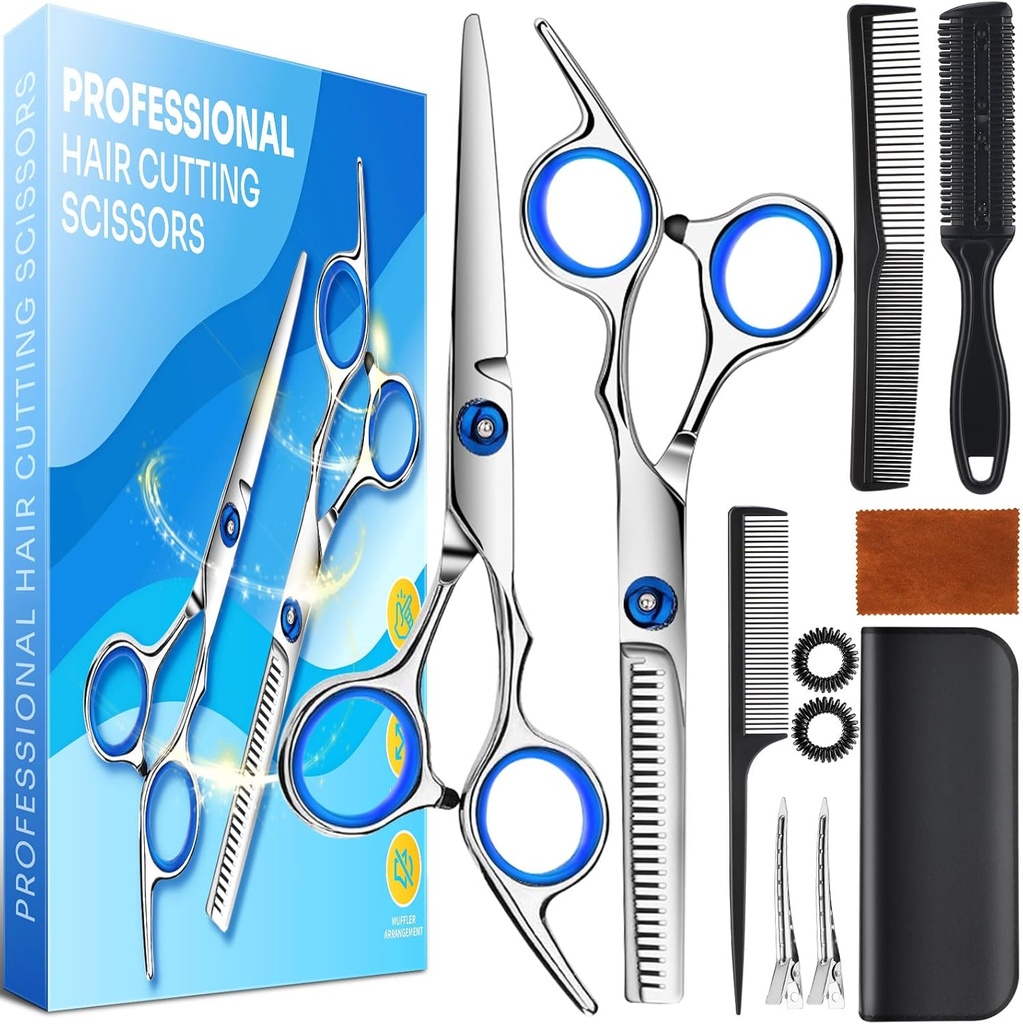 Hair Cutting Scissors Shears Kit, 6.7”Barber Shears, Professional Thinning Shears for Hair Cutting & Haircut Scissors for Barber/Salon/Home/Men/Women/Kids/Adults Shear Sets (Blue)