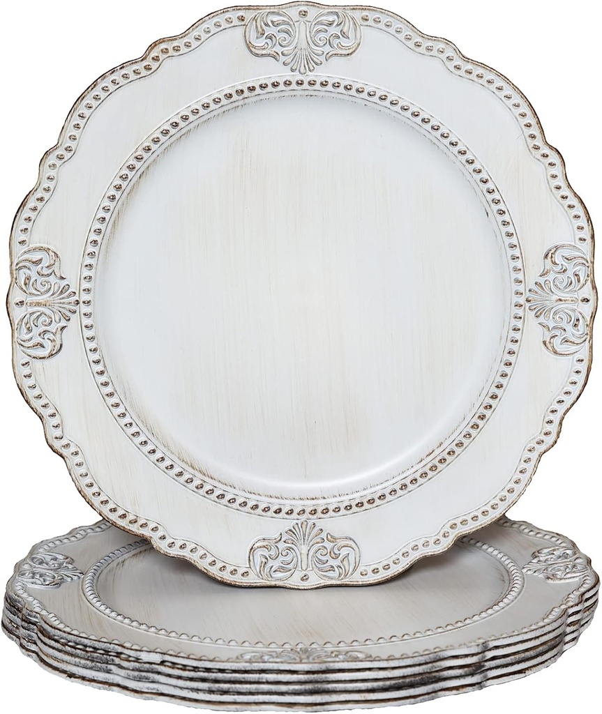 Spsyrine Antique White Charger Plates, Set of 6 Embossed Baroque Chargers for Dinner Plates, Wedding, Party