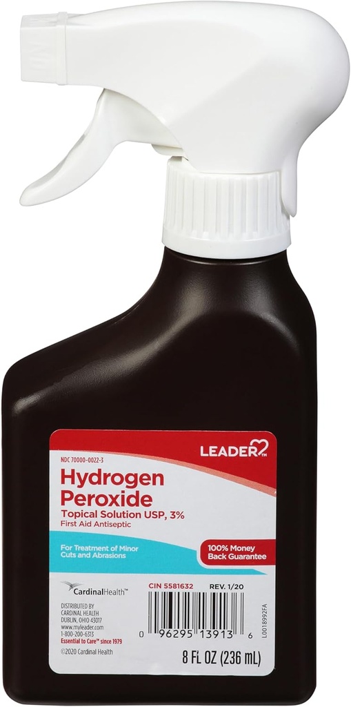LEADER Hydrogen Peroxide Spray Bottle First Aid Antiseptic 3% Solution – Multi-Purpose Cleaner, Gentle & Effective Disinfectant Spray for Home, Cuts, and Scrapes, Easy-to-Use 8 oz Bottle