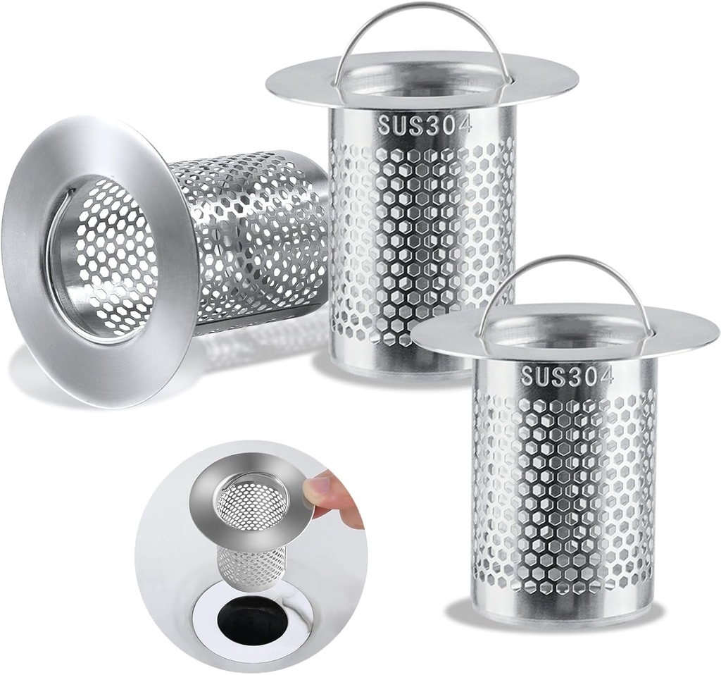 Sink Strainer Stainless Steel Sink Sieve with Handle Hair Catcher Shower Drain Sink Food Catcher Basket Sink Anti-Clogging Drain Strainer for Bathroom Kitchen Balcony Drain (3Pcs 3.3 cm ID)