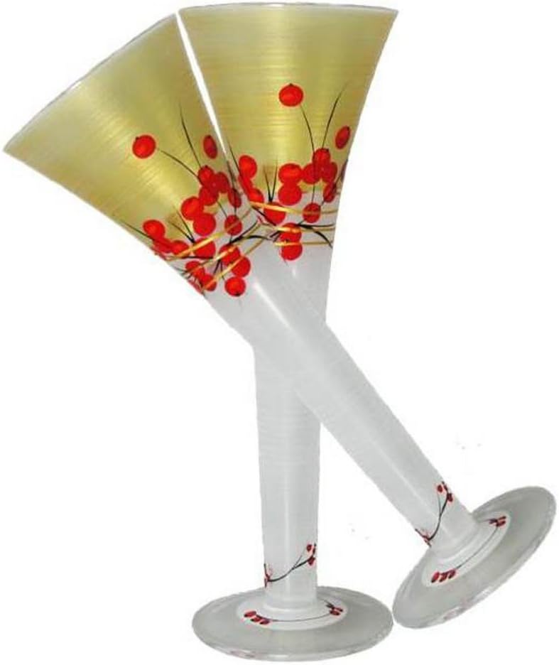 Hand Painted Hollow Champagne Flutes Set of 2 - Winter Berries 'n Branches Collection - Hand Painted Glassware by USA Artists - Uniquely Decorative Champagne Glasses