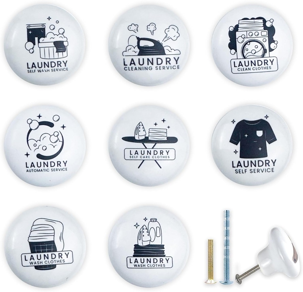 JamJam 1.5" 8PCS Ceramics Unique Vintage Laundry Room Knobs Dry and Press Theme Decor Cabinet Drawer Knobs Pulls