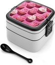 Peach Cupcakes Bento Box Adult Lunch Box All-in-One Lunch Containers with Removable Compartments Double Layer Bento Lunch Box with Spoon And Handle Stackable Lunchbox