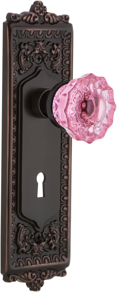 Nostalgic Warehouse 726226 Egg & Dart Plate Interior Mortise Crystal Pink Glass Door Knob in Timeless Bronze, 2.25