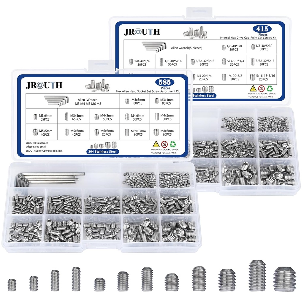 1000pcs Metric + SAE Set Screw Assortment Kit, Internal Hex Drive Cup-Point Allen Screws Set 304 Stainless Steel Grub Screw (M3-M8, 1/8""-40 to 5/16""-18)