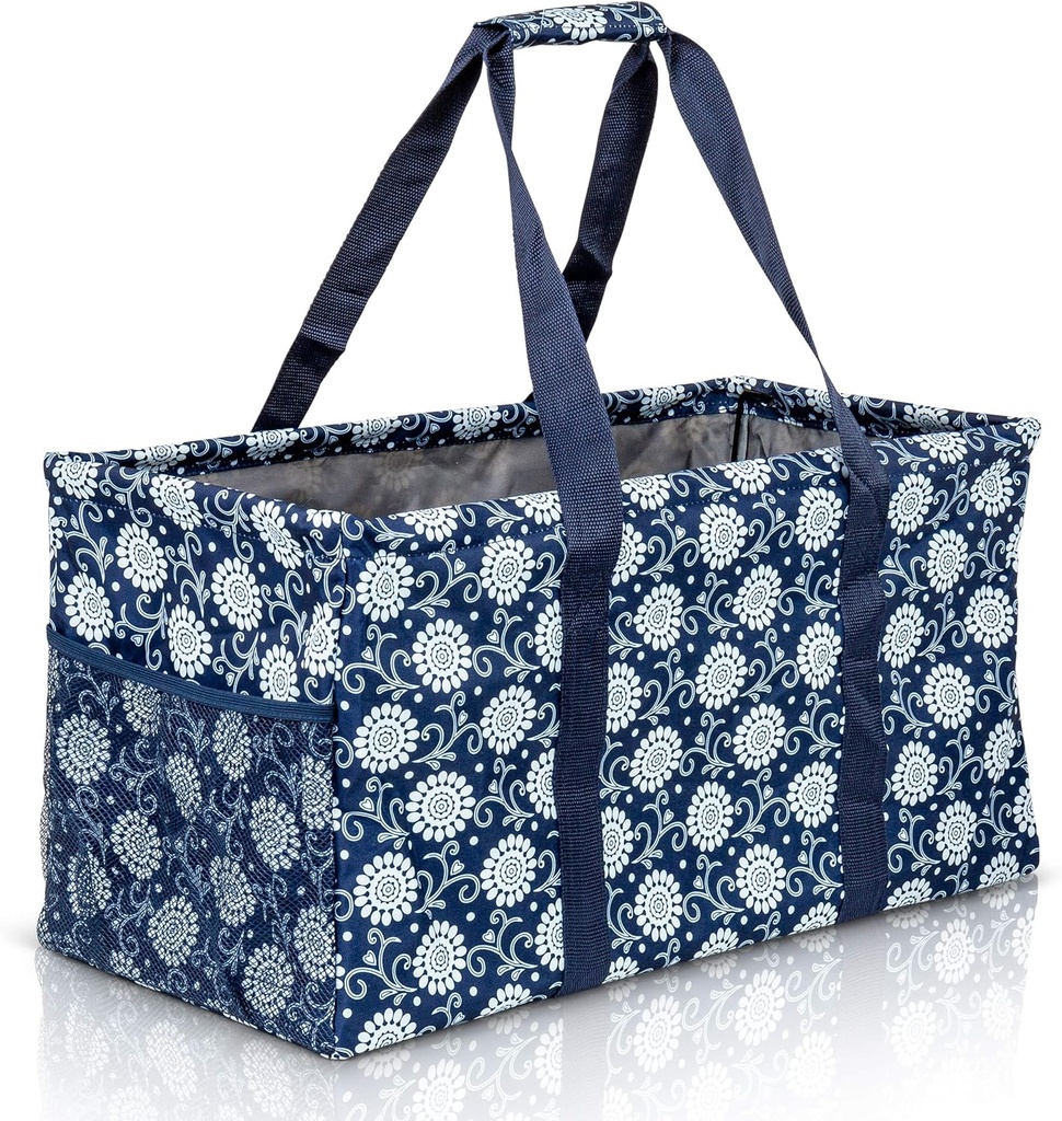 Extra Large Utility Tote Bag - Oversized Collapsible Reusable Wire Frame Rectangular Canvas Basket With Two Exterior Pockets For Beach, Pool, Laundry, Car Trunk, Storage - Navy Sunflower