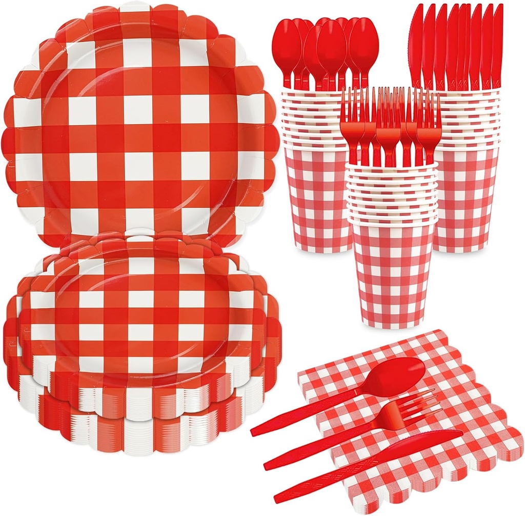 168Pcs Light Red Gingham Party Supplies - Scalloped Paper Plates and Napkins Set Red Checkered Plates Disposable Plaid Dinner Party Set Cutlery for Baby Shower Wedding, Serve 24