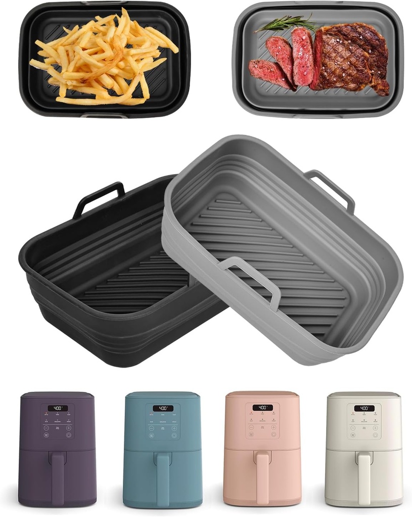 Air Fryer Silicone Liners Collapsible 2-Pack for bella 4Qt(3.3lb) Slim Air Fryer, Reusable Airfryer Silicone Pot Baking Basket Insert Accessories, Non Stick, Easy Cleaning, Gray+Black