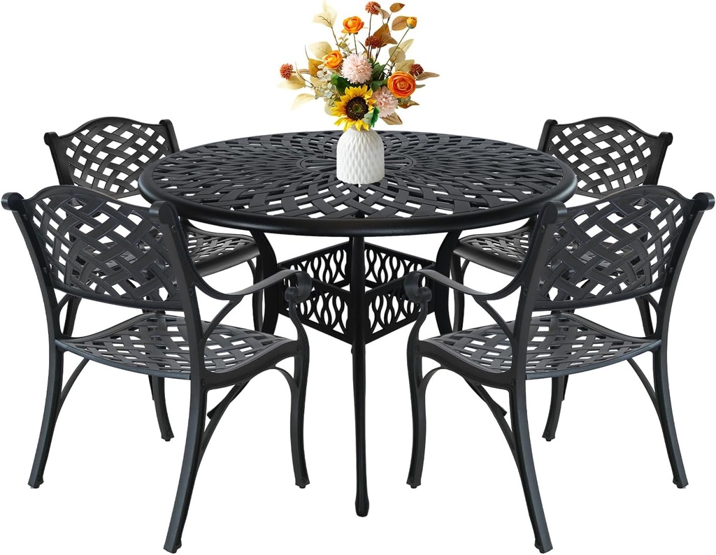 5-Piece Cast Aluminum Outdoor Patio Dining Set, Metal Bistro Table and Chairs,Wrought Iron Patio Bistro Set with 1.7" Umbrella Hole for Outside Porch Deck,Black