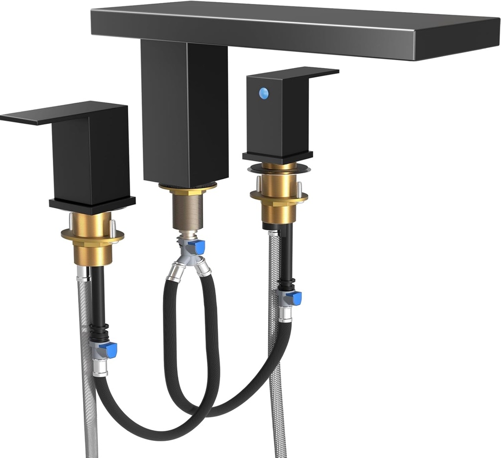 Hoimpro Waterfall Roman Tub Faucets, Deck Mount Bathtub Faucets Set, Garden 3 Holes Two Handles Widespread Bath Tub Filler Soaking Jacuzzi Tub Faucets with Valve, cUPC Supply Hoses, Matte Black