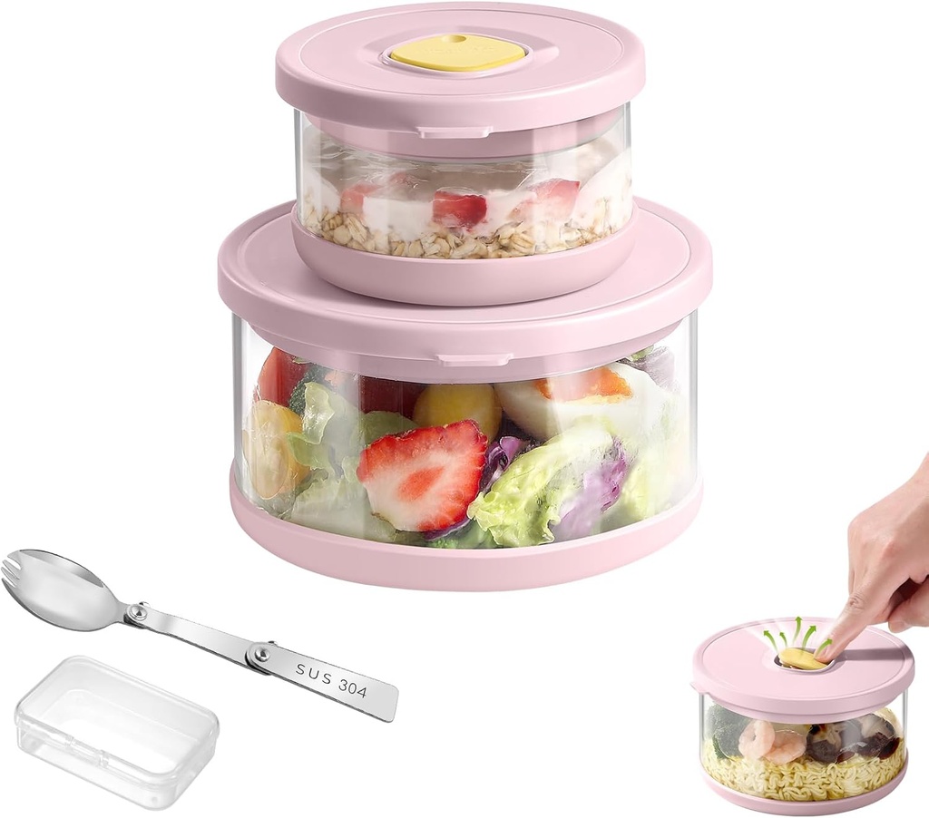 Glass Food Storage Containers with Airtight Lids, 33.8oz & 11.8oz High-Borosilicate Glass Meal Prep Containers with Spork, Bento Lunch Boxes for Salad, Ramen, Soup, Snacks, Fruit - 2 Pack, Pink