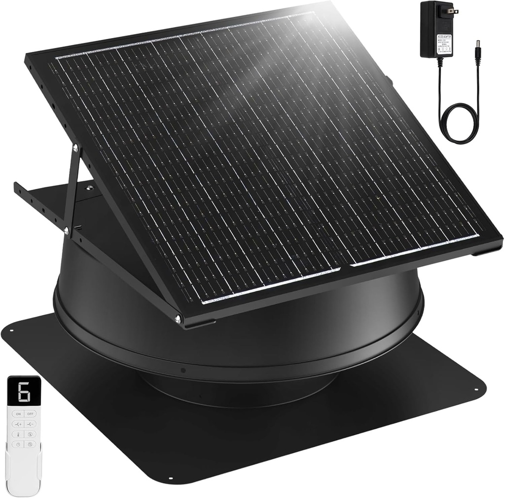 Solar Attic Fan with Thermostat, Solar Roof Vent Fans with 55W Solar Panel & 65FT Remote, 12" Solar Attic Vent Fan 24/7 Runtime, 1200CFM Attic Exhaust Fans for House Roof Mount Cover 1800Sq.ft