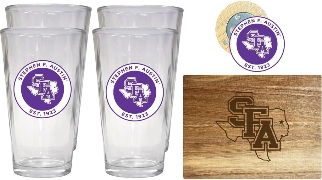 R and R Imports Stephen F. Austin State University Officially Licensed Kitchen Pack - Wood Cutting Board, 4 Pint Glasses & Magnetic Bottle Opener