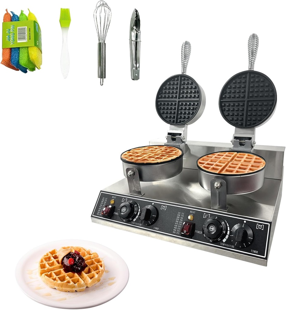 Double Head Commercial Waffle Maker, 2400W Stainless Steel Nonstick Waffle Iron with 122℉ to 572℉ Temp Range & Time Control, Perfect for Home Cafe Restaurant Snack Bar Bakeries
