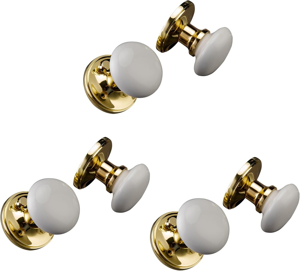 NCL White Door Knobs, 3 Pack Round Passage Door Knob, Polished Brass Keyless Door Handles, Porcelain Door Levers, Door Knob Interior