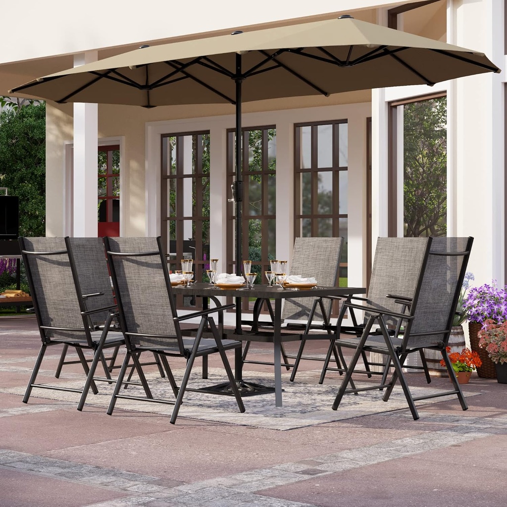 PHI VILLA 7 Piece Outdoor Dining Set with Umbrella, Patio Furniture Dining Set with Foldable Patio Chairs & Outdoor Table for Yard & Garden