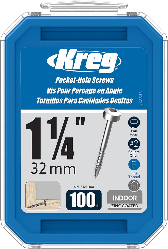 Kreg SPS-F125-100 Zinc Pocket Screws, 1-1/4 Inch #6 Fine Thread, Pan Head (100 Count)