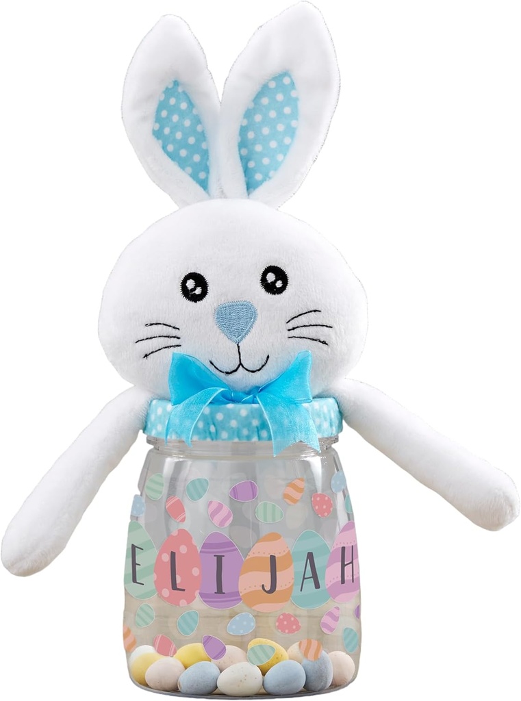Personalization Universe Happy Easter Eggs Personalized Easter Bunny Candy Jar with Lid, Plush Velboa Blue & Pink, Perfect for Easter Basket Stuffers & Decorations - Blue