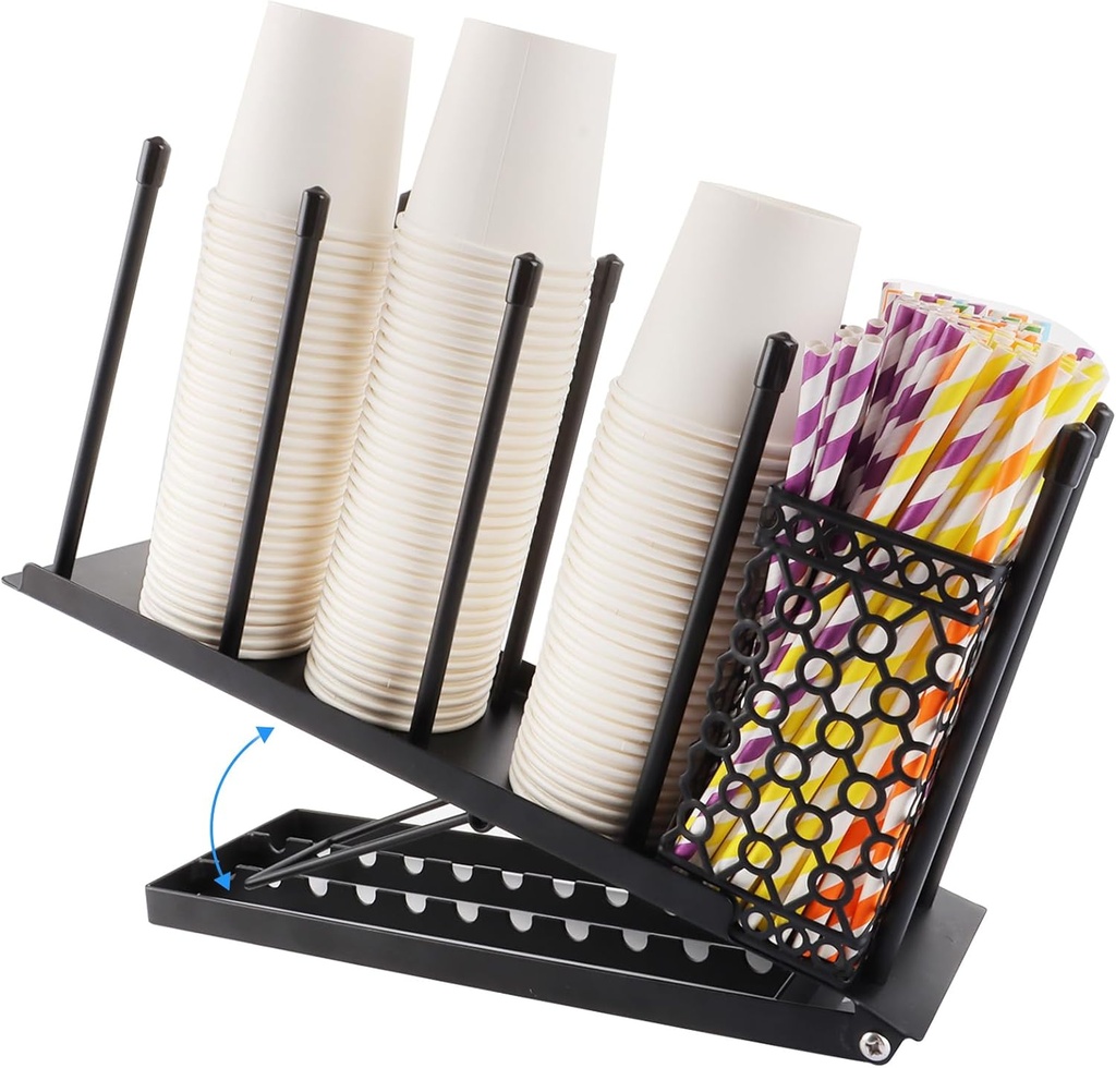 SHUESS Cup and Lid Holder Metal Adjustable Coffee Cup Holder Organizer, 4 Compartment Disposable Cup Dispenser with Mesh Basket for Countertop, Coffee Station Bar, Office Breakroom