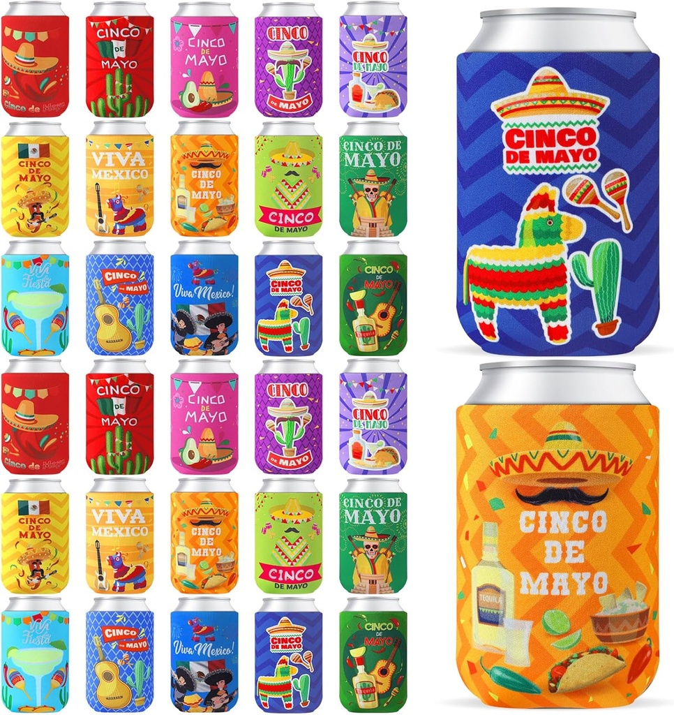 30 Pcs Mexican Party Can Cooler Sleeves Final Fiesta Bachelorette Party Can Cover 12 oz Insulated Neoprene Thermocoolers for Mexican Supplies Cinco De Mayo Decorations (Vibrant)