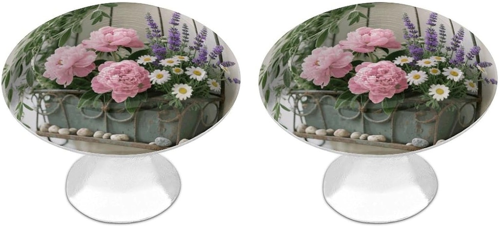 2 Pack 1.1" Round Sage Green Floral Drawer Knob Stainless Steel Kitchen Cabinet Knob Pulls with Screws Hardware Decorative Handles Knobs for Dresser Cupboard Closet Door Wardrobe Easy Install