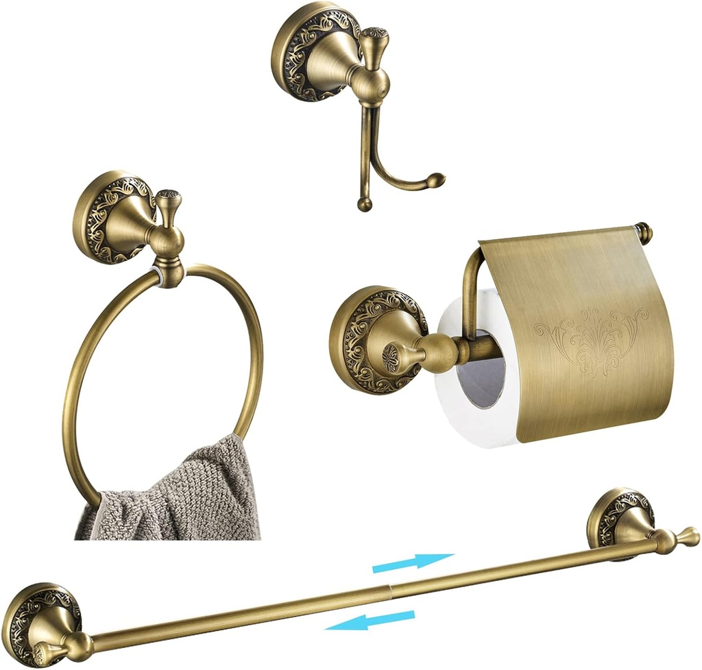 WINCASE Antique Brass Bathroom Accessories, Retro Adjustable Bathroom Hardware, Brass Bath Towel Bar Set 24 Inch 4 Piece Tolilet Paper Holder Towel Ring Robe Hook Wall Mounted Vintage
