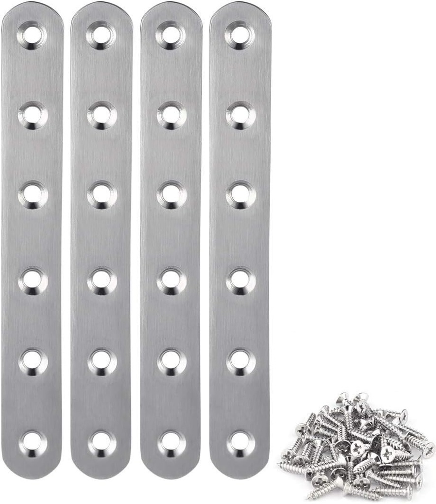 4 Pieces Stainless Steel Straight Brace (6.1 x 0.7 inch，156 x 18 mm) Flat Straight Braces, Straight Brackets, 24 Pieces Screws Included