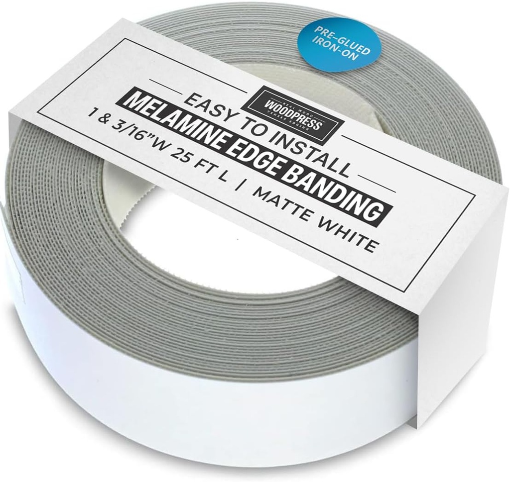 WoodPress® 1 & 3/16 inch Matt White Melamine Edge Banding, Pre-Glued Veneer Tape – 25 ft Roll - Iron-On for Easy DIY Application – Will Cover The Edge of a Standard 8' x 4' MDF Panel