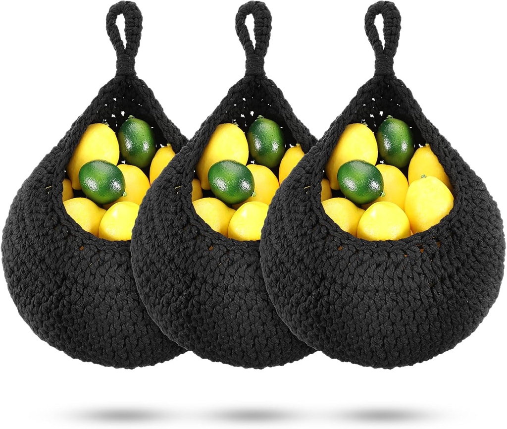Dandat 3 Pcs Large Hanging Fruit Baskets for Kitchen Teardrop Hanging Wall Baskets Bohemian Handwoven Holder for Kitchen Vegetable Onion Potato Storage Pantry Decoration(Black)
