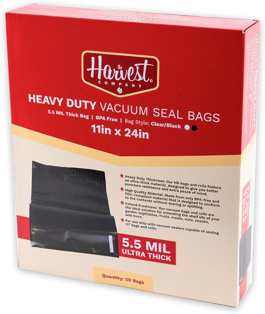 The Harvest Company Vacuum Seal Bags, Commercial Grade, BPA-Free Food Storage Bags, Sous Vide Cooking, Clear/Black,11"x 24", 50 Count