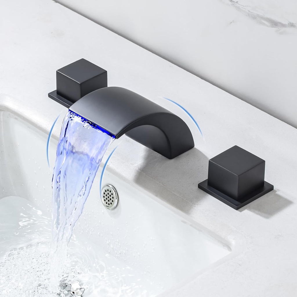 8 Inch Widespread Bathroom Sink Faucet 3 Hole with LED Light Waterfall Lavatory Vanity Faucet Dual Handle Waterfall Basin Mixer Tap, Matte Black