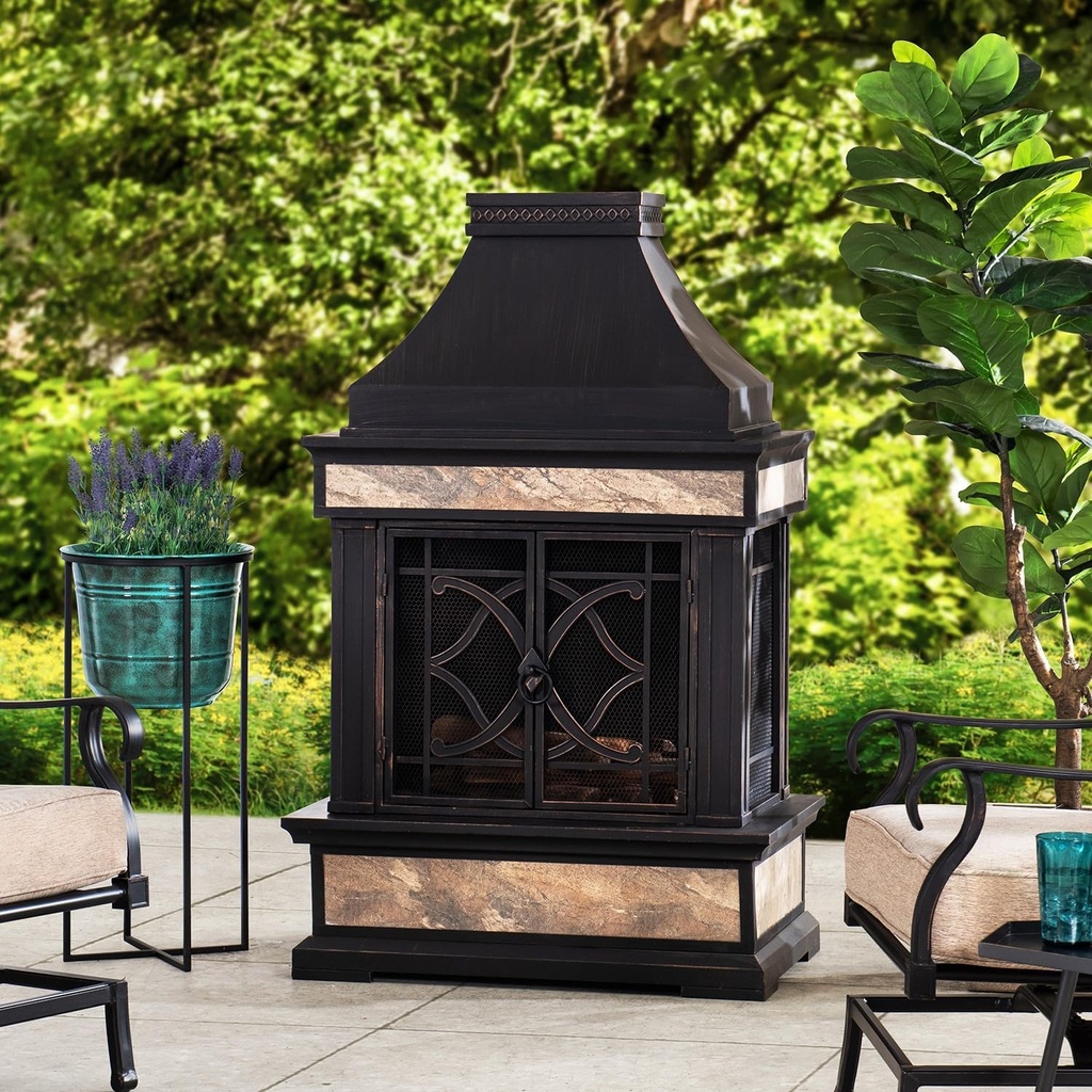 Sunjoy Outdoor Fireplace, Heirloom Patio Wood Burning Steel Fireplace with Chimney, Spark Screen, Fire Poker, and Removable Grate, Black