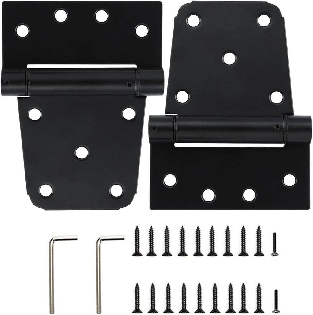 HOME MASTER HARDWARE Self-Closing Spring Gate Hinge 3-1/2" Heavy Duty Automatic T Hinges Steel Black Finish with Screws 2-Pack for Wood Fence Gate Vinyl Shed Door