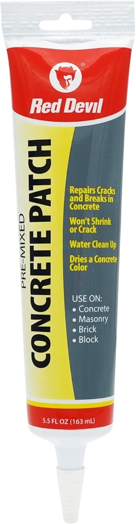 Red Devil 0645 Concrete Repair Patch, Cement Crack Filler, 5.5 Oz Squeeze Tube, Pre-Mixed, Pack of 1, Gray, Made in USA