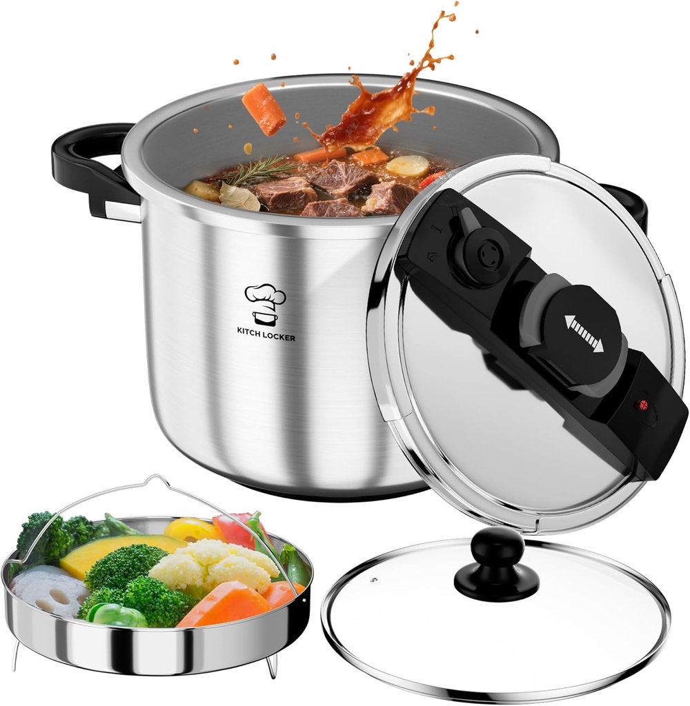 Pressure Cooker Stainless Steel 6.3 Quart,Olla De Presion For 2-3 People[Glass Lid & Steamer Rack Included][Press To Open][Compatible With Induction And Gas Stovetops]