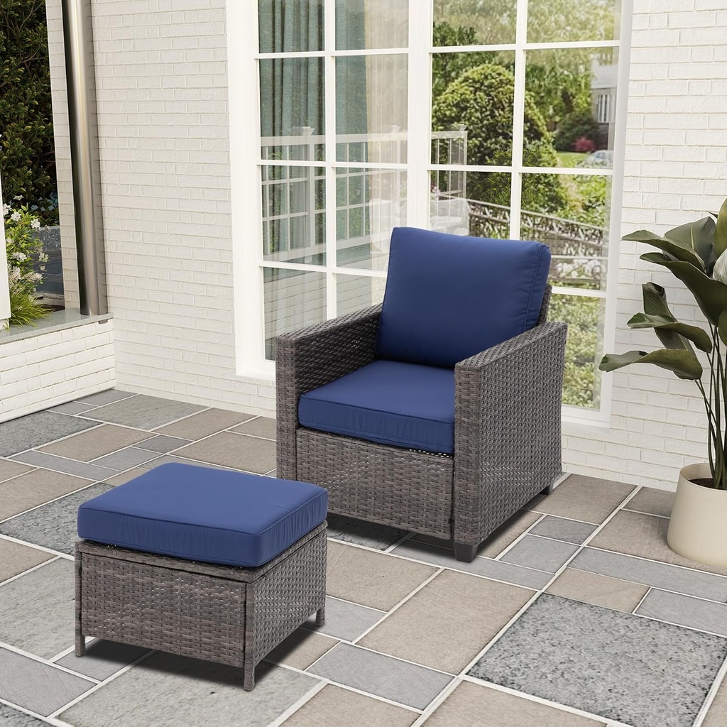 RoyalCraft Outdoor Armchair Patio Sofa with Ottoman, 2 Piece Brown Wicker Lounge Chair with Ottoman Footrest with Grey Blue Seat Cushions