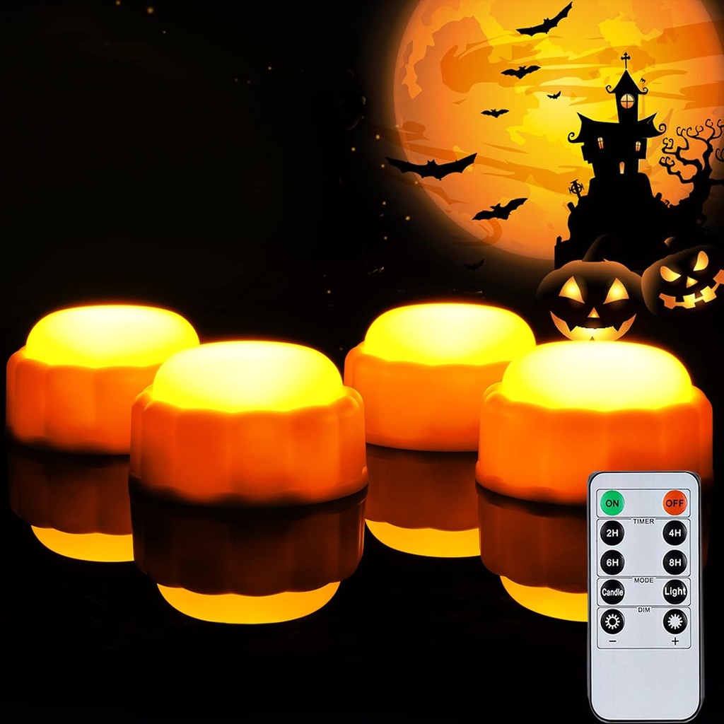 Homemory Halloween Bright LED Pumpkin Lights with Remote Control and Timers,Jack O'Lantern Lights Battery Operated for Halloween, Fall Decorations, Orange, Set of 4