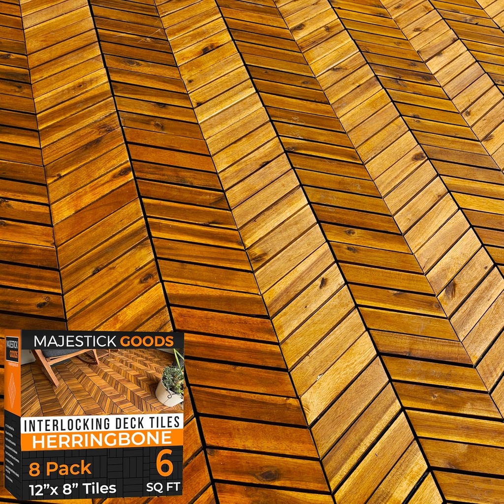 Interlocking Deck Tiles Herringbone - Snap Together Wood Flooring | 12 x 12 Acacia Hardwood Outdoor Flooring for Patio | Click Floor Decking Tile (8, Herringbone)