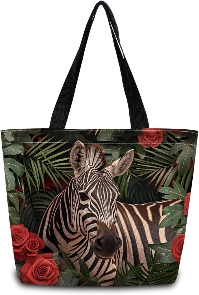 Floral Zebra Tote Bag Reusable Grocery Bags Aesthetic Shopping Shoulder Handbag with Interior Zipper Pocket Stylish Floral Zebra Present for Women