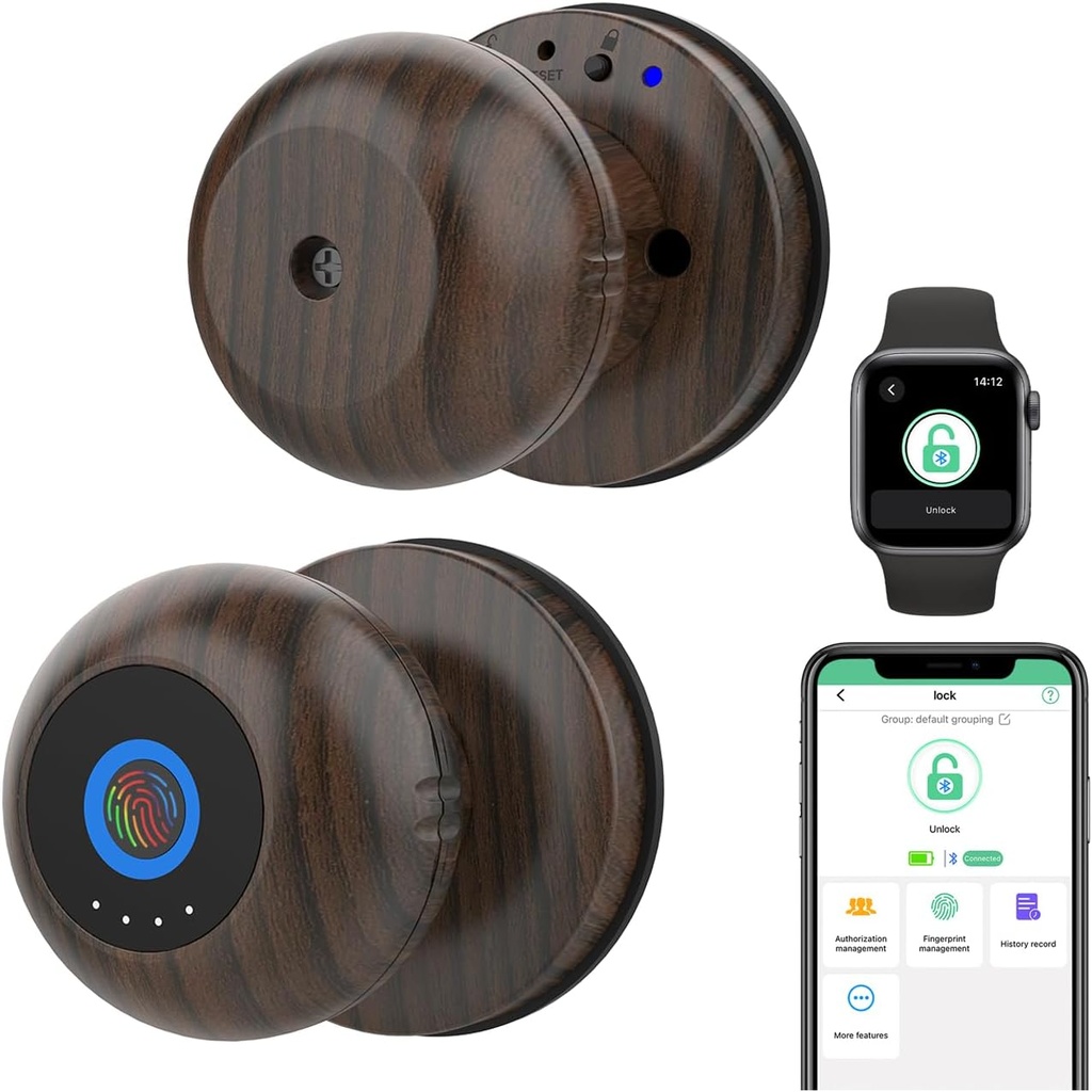 eLinkSmart Fingerprint Door Knob Lock Keyless Entry Ball Door Lock Wood Grain Metal Fingerprint Ball Door Knob for Bedroom Apartment, eSmartLock App, Support Phone & iOS Watch