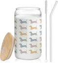 Colorful Dachshund Dog Glass Cup with Lids and Straws 14oz, Long Haired Dachshund Gifts, Weiner Dog Gifts for Women Iced Coffee Tumbler Drinking Jars with Cleaning Brush