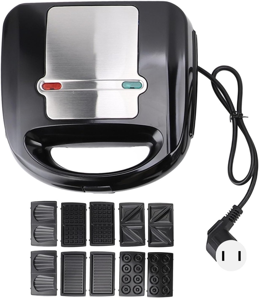 Tnfeeon 6 in 1 Sandwich Maker Panini Press Stick Proof Breakfast Machine with 10 Removable Plates for Making Sandwiches Donuts Waffles Nuts Madeleine Cakes Steaks (US Plug 110V)