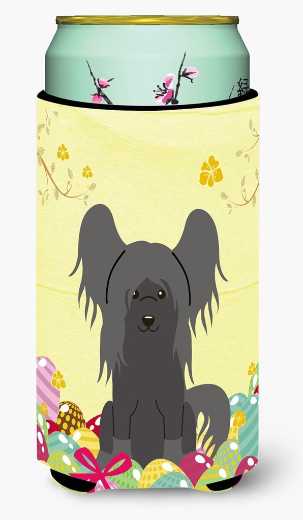 Caroline's Treasures BB6112TBC Easter Eggs Chinese Crested Black Tall Boy Hugger Can Cooler Sleeve Hugger Machine Washable Drink Sleeve Hugger Collapsible Insulator Beverage Insulated Holder