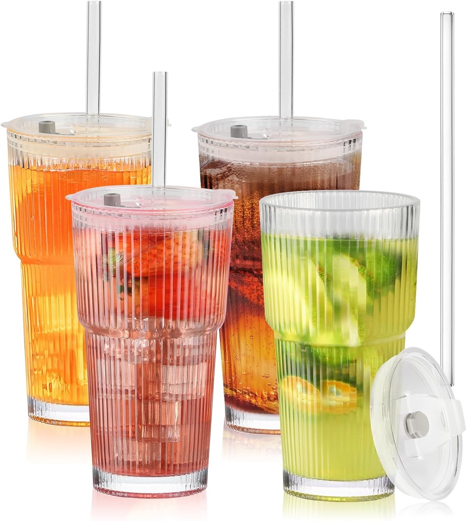20oz Glass Tumblers with Lids and Straws, 4 Pack Vintage Ribbed Glass Tumblers for Iced Coffee, Smoothies, Thickened Wall Mason Jar Drinking Iced Coffee Cup