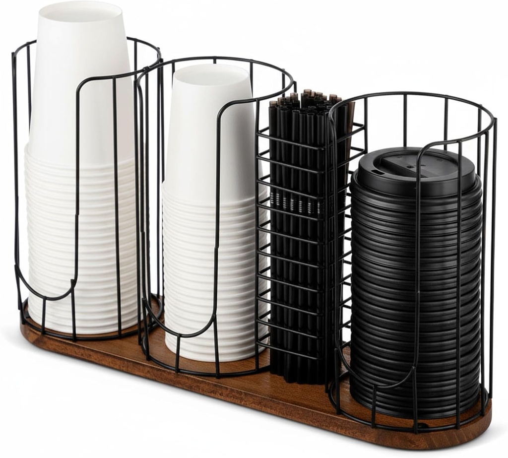 Geelin Adjustable Coffee Cup Dispenser, Cup Holder Organizer for Storing Paper Cups, Straws, Lids and Disposable Tableware(4-compartment Single Layer,Black and Brown)
