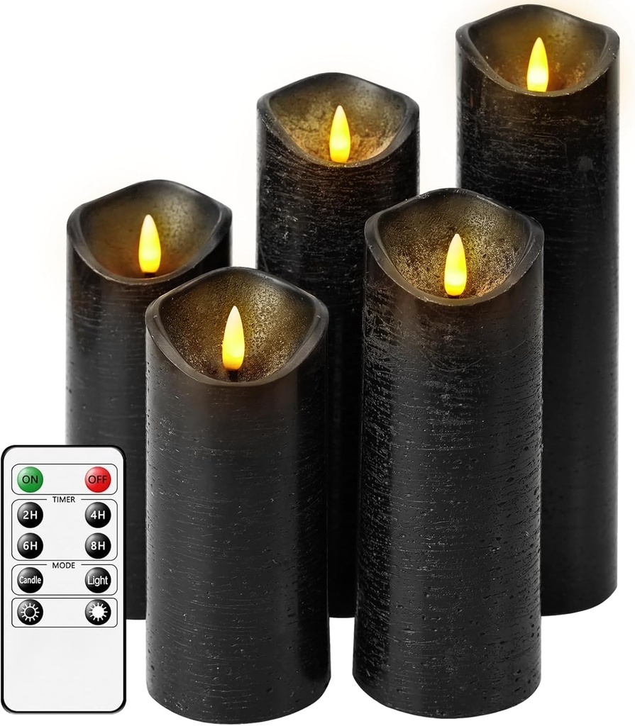 Flickering Flameless Candles with Remote Control and Timer Set of 5 Pc Real Wax LED Pillar Candles, Battery Operated Candles（D2.2×H5/5.5"/6"/7"/8"） Home Decor Flameless Candles（Black）