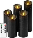 Flickering Flameless Candles with Remote Control and Timer Set of 5 Pc Real Wax LED Pillar Candles, Battery Operated Candles（D2.2×H5/5.5"/6"/7"/8"） Home Decor Flameless Candles（Black）