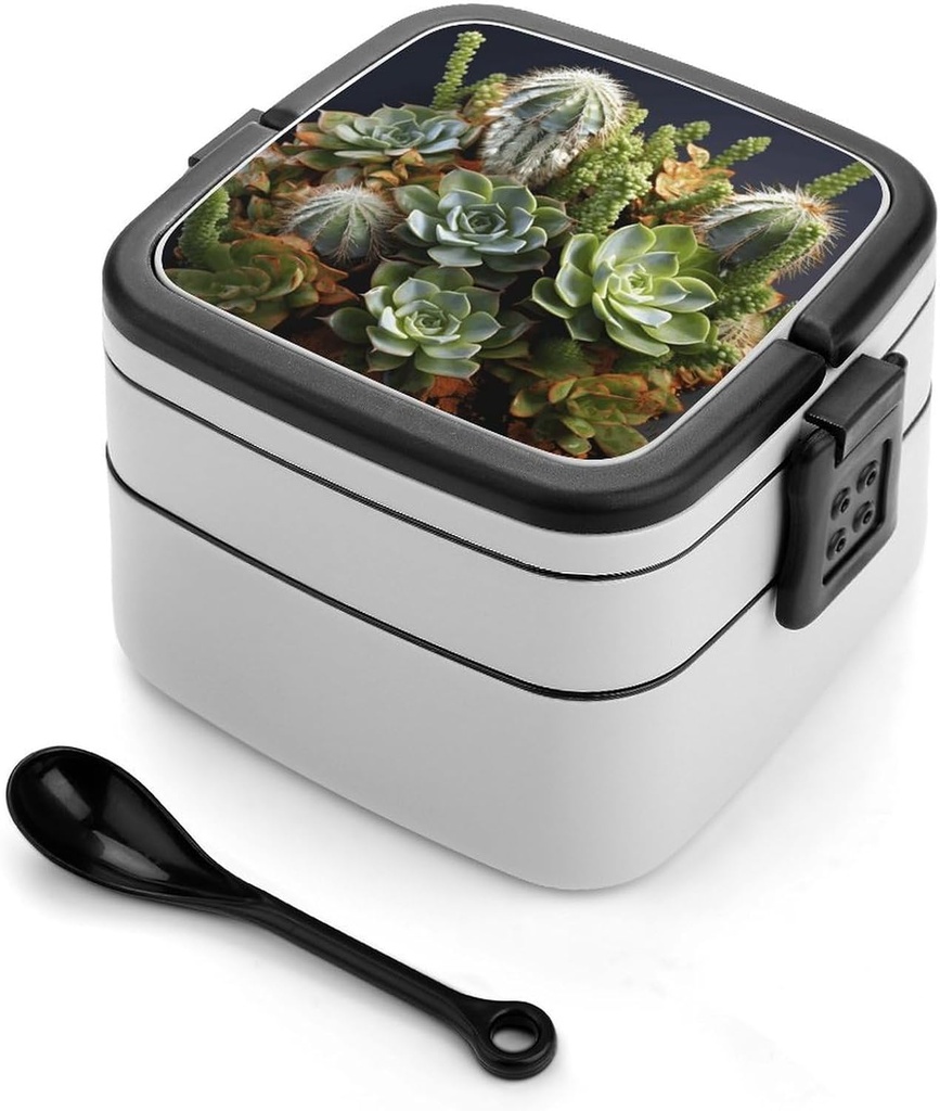 Cactus Multiflesh Bento Box for Adults Double Layer Lunch Box with Spoon And Invisible Handle Microwave Dishwasher Safe Leak Proof Meal Prep Lunch Containers for Office Picnic