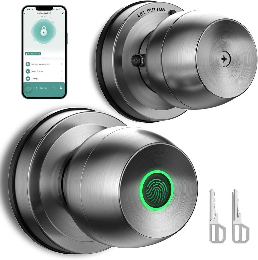 Fingerprint Door Lock，Smart Door Knob, Smart Biometric Door Lock Fingerprint Door knob with App Control Suitable for Bedroom,Utility Room,Apartments Offices,Hotels(Silver)-HL-2222