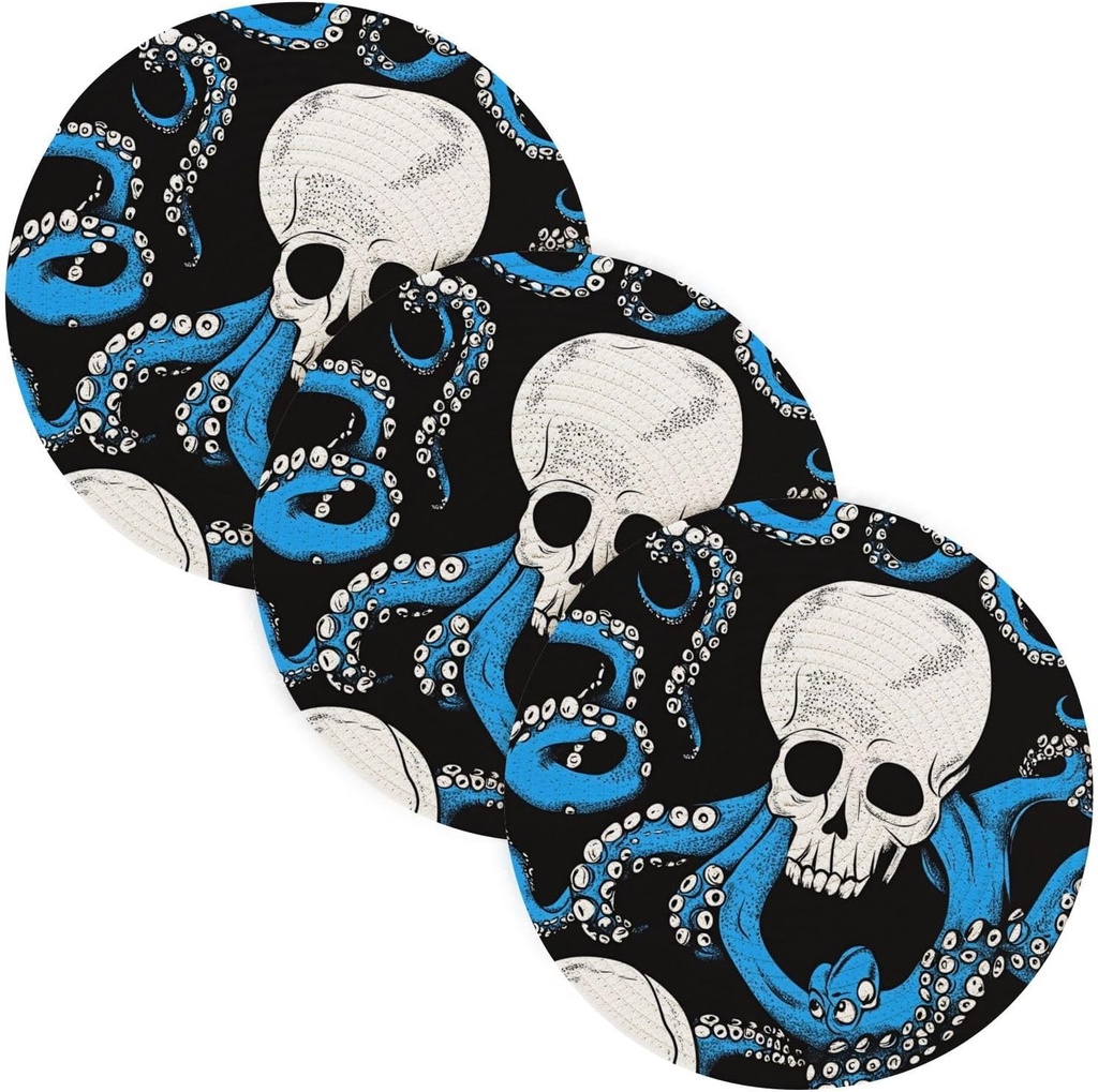 3 Pcs Trivet for Hot Pots and Pans 15in Cotton Thread Weave Heat Resistant Pad for Crock Pot Bathroom Decor Halloween Black and White Skull Blue Animal sea